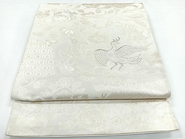 平和屋着物◎六通柄袋帯　更紗花鳥文　鹿　銀糸　正絹　逸品　CABB1083nb