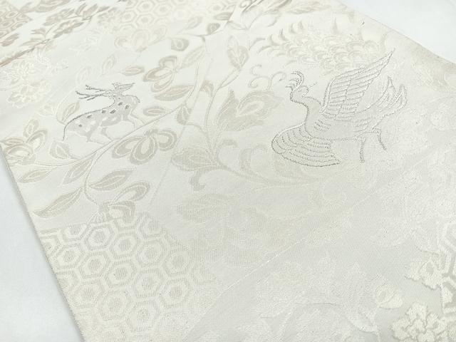 平和屋着物◎六通柄袋帯　更紗花鳥文　鹿　銀糸　正絹　逸品　CABB1083nb