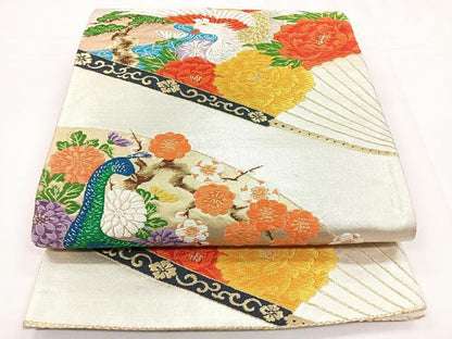 平和屋着物◎六通柄袋帯　孔雀花文　金銀糸　正絹　逸品　CABB1084nb
