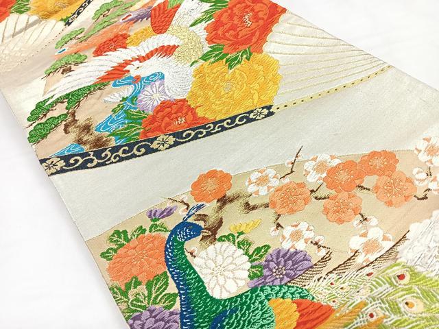 平和屋着物◎六通柄袋帯　孔雀花文　金銀糸　正絹　逸品　CABB1084nb
