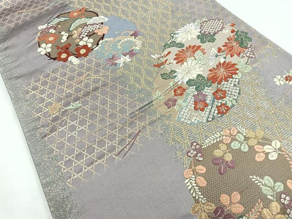 平和屋着物◎六通柄袋帯 唐織 花丸文 金銀糸 正絹 逸品 CABB1098nb