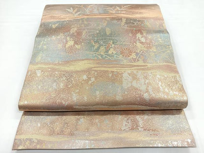平和屋着物◎六通柄袋帯　流水花文　金糸　引箔　正絹　逸品　CABB1099nb