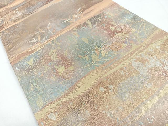 平和屋着物◎六通柄袋帯　流水花文　金糸　引箔　正絹　逸品　CABB1099nb