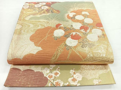 平和屋着物◎六通柄袋帯　流水花文　金糸　正絹　逸品　CABB1109nb