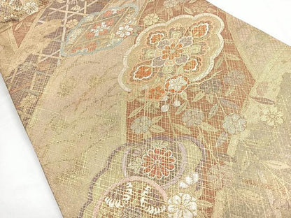 平和屋着物◎六通柄袋帯 唐織 草花文 金糸 正絹 逸品 CABB1112nb