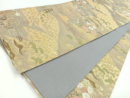 平和屋着物◎六通柄袋帯 唐織 風景花文 金銀糸 正絹 逸品 CABB1130nb