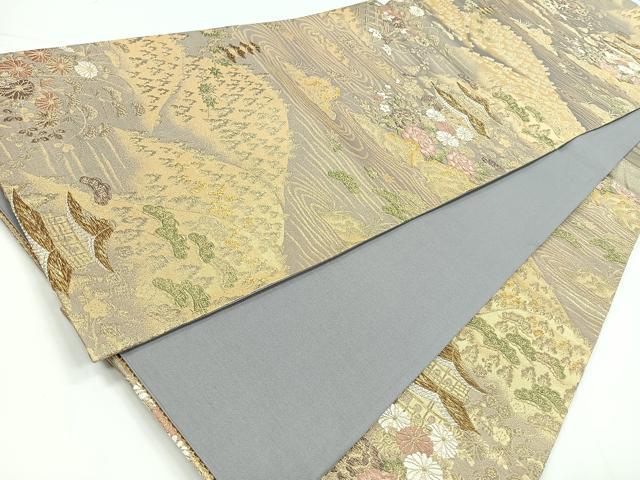平和屋着物◎六通柄袋帯 唐織 風景花文 金銀糸 正絹 逸品 CABB1130nb