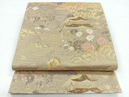 平和屋着物◎六通柄袋帯 唐織 風景花文 金銀糸 正絹 逸品 CABB1130nb