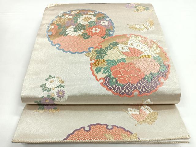 平和屋着物◎六通柄袋帯　唐織　雪輪花蝶文　金糸　正絹　逸品　CABB1153nb