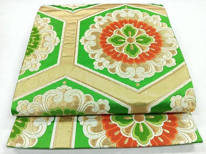 平和屋着物◎六通柄袋帯　唐織　亀甲花文　金糸　正絹　逸品　CABB1180nb