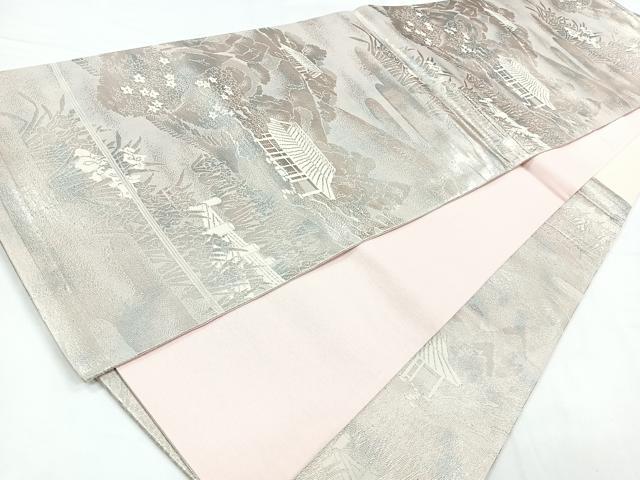 平和屋着物◎六通柄袋帯　風景文　銀糸　正絹　逸品　CABB1198nb