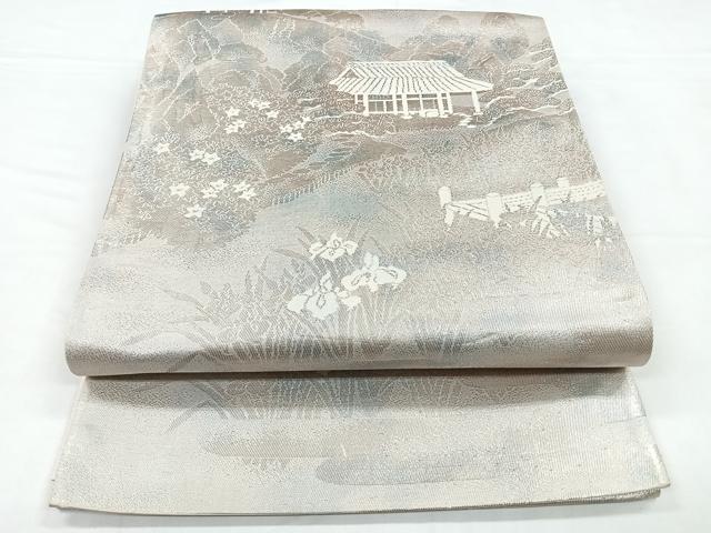 平和屋着物◎六通柄袋帯　風景文　銀糸　正絹　逸品　CABB1198nb