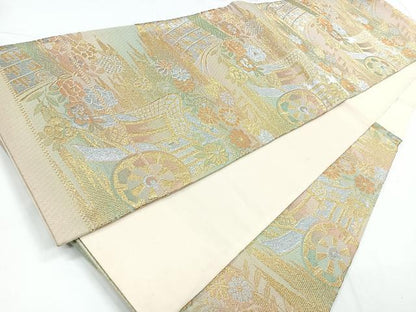 平和屋着物◎六通柄袋帯　御所車花文　金銀糸　正絹　逸品　CABB1200nb