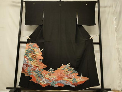 平和屋着物■豪華黒留袖　駒刺繍　人物風景文　金彩　正絹　逸品　CABB1266in