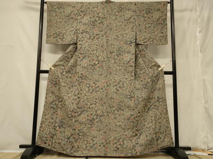 平和屋着物■上質な小紋　型染め　草花文　鬼しぼ縮緬　正絹　逸品　CABB1284in