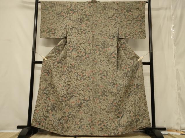 平和屋着物■上質な小紋　型染め　草花文　鬼しぼ縮緬　正絹　逸品　CABB1284in