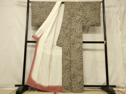 平和屋着物■上質な小紋　型染め　草花文　鬼しぼ縮緬　正絹　逸品　CABB1284in