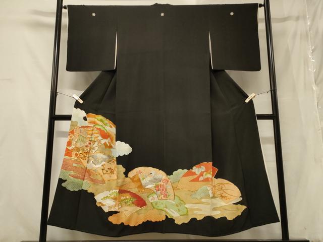 平和屋着物■豪華黒留袖 駒刺繍 御所車地紙花鳥文 金銀彩 正絹 逸品 CABB1311in