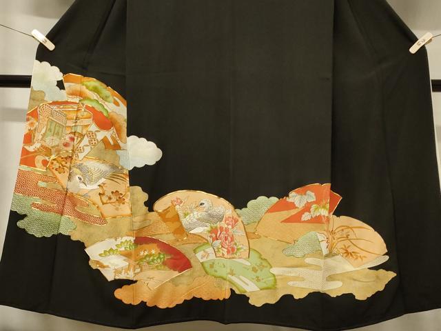 平和屋着物■豪華黒留袖 駒刺繍 御所車地紙花鳥文 金銀彩 正絹 逸品 CABB1311in