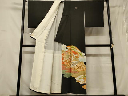 平和屋着物■豪華黒留袖 駒刺繍 御所車地紙花鳥文 金銀彩 正絹 逸品 CABB1311in