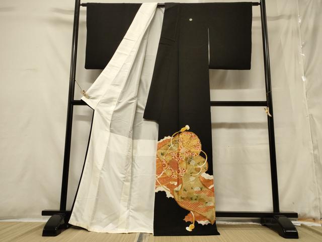 平和屋着物■豪華黒留袖 駒刺繍 鼓絵巻花文 金彩 正絹 逸品 CABB1313in