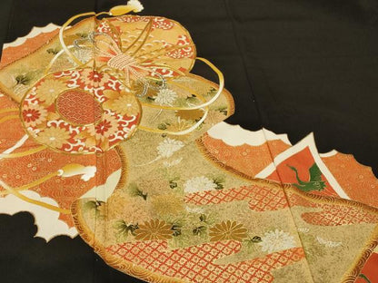 平和屋着物■豪華黒留袖 駒刺繍 鼓絵巻花文 金彩 正絹 逸品 CABB1313in