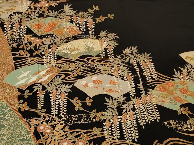 平和屋着物□豪華黒留袖 駒刺繍 流水地紙花文 藤花房