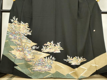 平和屋着物■豪華黒留袖　作家物　駒刺繍　エ霞風景枝花文　金彩　正絹　逸品　CABB1610ou