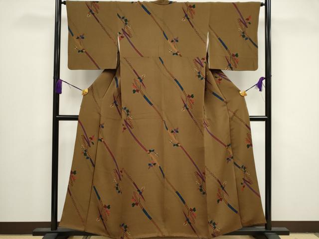 平和屋着物■上質な小紋　鬘帯草花文　鬼しぼ縮緬　正絹　逸品　CABB1615ou