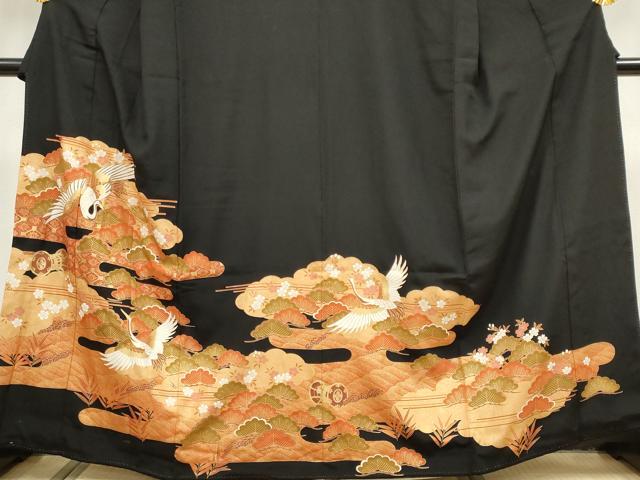 平和屋着物■豪華黒留袖　駒刺繍　飛鶴松文　金彩　正絹　逸品　CABB1616ou