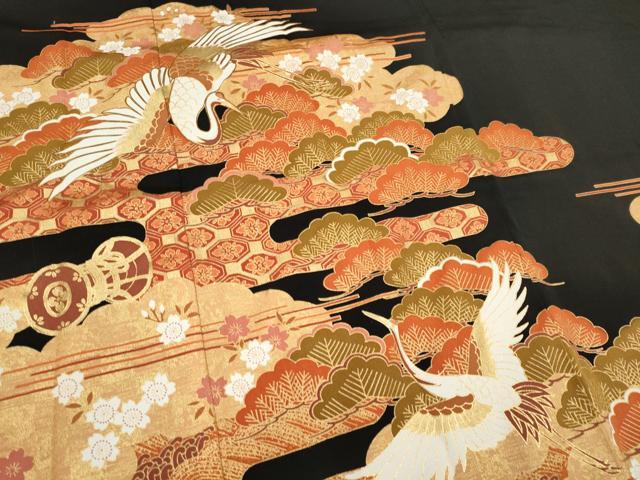 平和屋着物■豪華黒留袖　駒刺繍　飛鶴松文　金彩　正絹　逸品　CABB1616ou