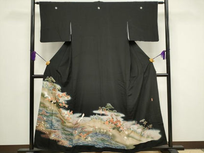 平和屋着物■豪華黒留袖　駒刺繍　万寿染　飛鶴風景文　暈し染め　金彩　正絹　逸品　CABB1620ou