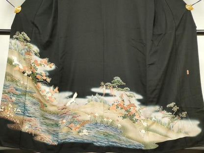 平和屋着物■豪華黒留袖　駒刺繍　万寿染　飛鶴風景文　暈し染め　金彩　正絹　逸品　CABB1620ou