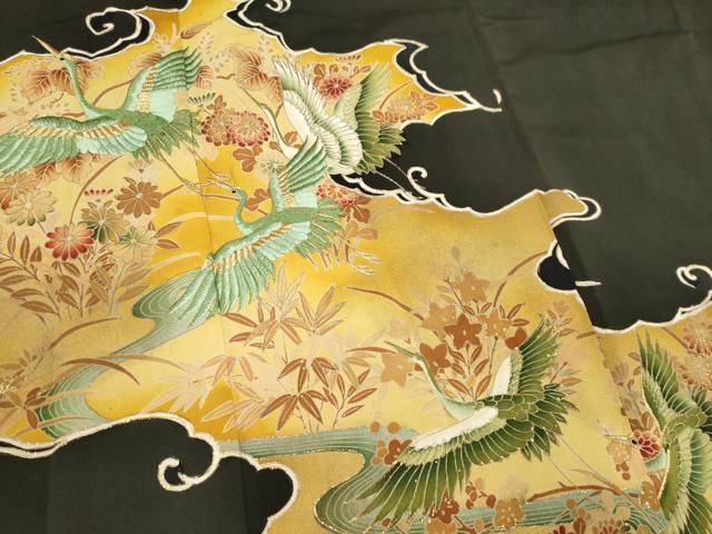 平和屋着物■豪華黒留袖　刺繍　飛鶴花文　金彩　正絹　逸品　CABB1621ou