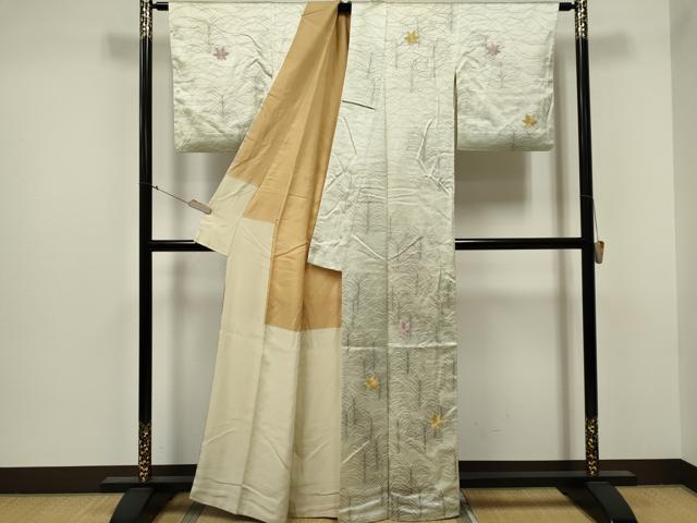 平和屋着物■訪問着　手描き　刺繍　舞楓文　銀糸　正絹　逸品　CABB1664ou