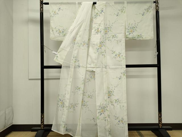 平和屋着物＊夏物 小紋 絽 枝花文 洗える着物 CABB1709ou