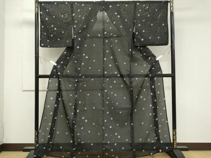 平和屋着物＊夏物 小紋 絽 舞花文 黒地 洗える着物 CABB1712ou