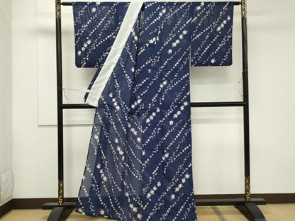 平和屋着物＊夏物 小紋 絽 斜線草花文 洗える着物 CABB1713ou