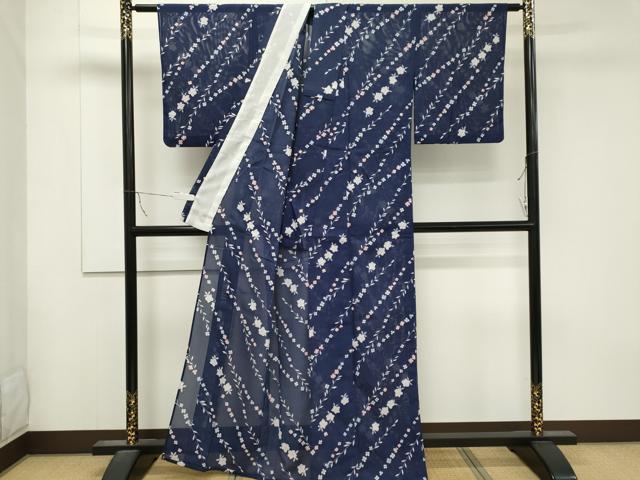 平和屋着物＊夏物 小紋 絽 斜線草花文 洗える着物 CABB1713ou
