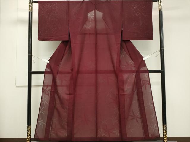 平和屋着物＊夏物 色無地 絽 舞葉紋紗 暗紅色 正絹 逸品 CABB1716ou