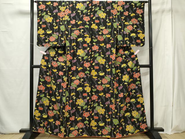 平和屋着物■上質な小紋　枝花文　黒地　正絹　逸品　CABB1831ou