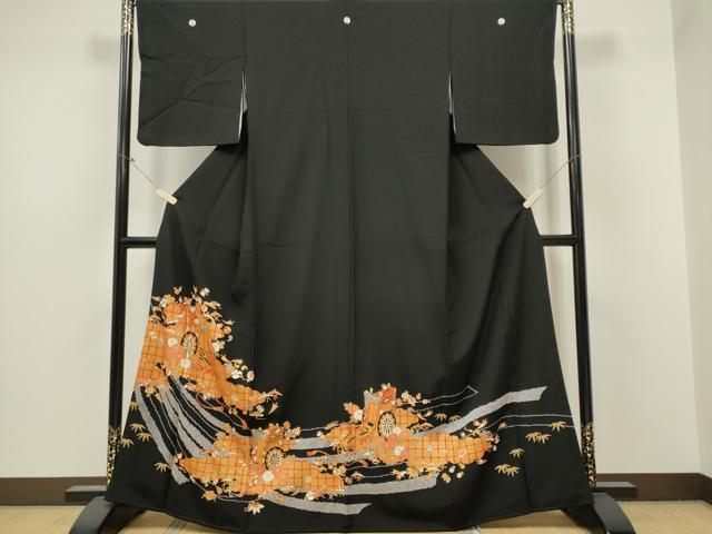 平和屋着物■豪華黒留袖 駒刺繍 宝尽くし御所車花文 金彩 正絹 逸品 CABB1905ou