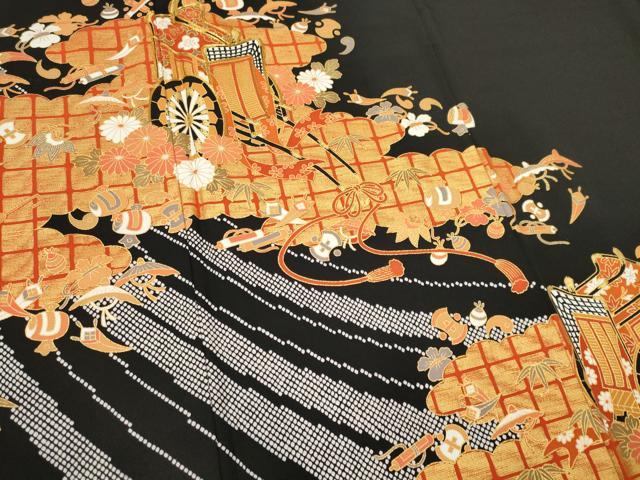平和屋着物■豪華黒留袖 駒刺繍 宝尽くし御所車花文 金彩 正絹 逸品 CABB1905ou