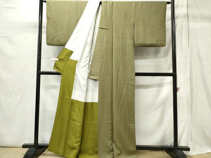 平和屋着物■上質な色無地 作家物 檜垣地紋 鶸茶色 正絹 逸品 CABB1995ou