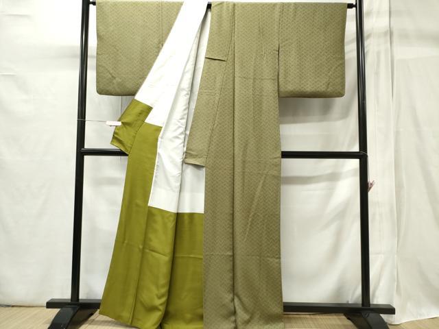 平和屋着物■上質な色無地 作家物 檜垣地紋 鶸茶色 正絹 逸品 CABB1995ou