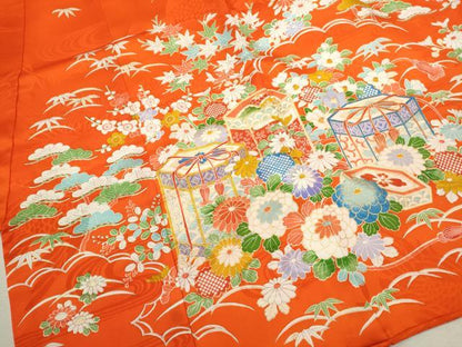 平和屋着物[]お宮参り　女の子　祝着　産着　初着　のしめ　駒刺繍　松竹梅貝桶草花文　金彩　逸品　CABB2032ze