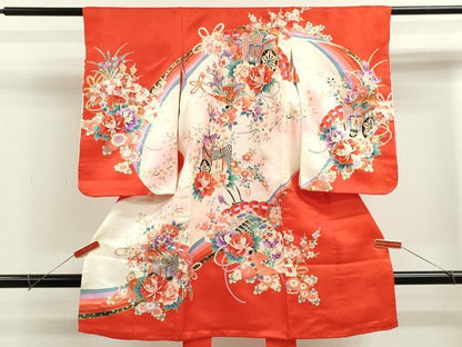 平和屋着物[]お宮参り　女の子　祝着　産着　初着　のしめ　御所車檜扇草花文　暈し染め　金彩　逸品　CABB2033ze