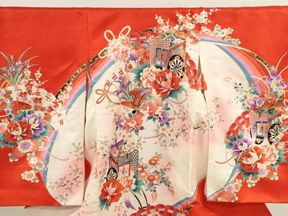 平和屋着物[]お宮参り　女の子　祝着　産着　初着　のしめ　御所車檜扇草花文　暈し染め　金彩　逸品　CABB2033ze