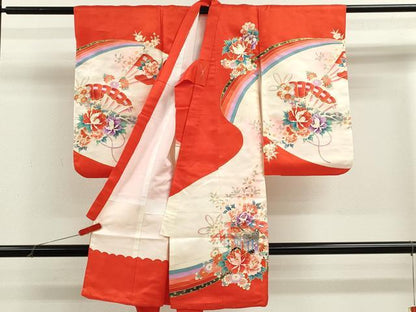 平和屋着物[]お宮参り　女の子　祝着　産着　初着　のしめ　御所車檜扇草花文　暈し染め　金彩　逸品　CABB2033ze