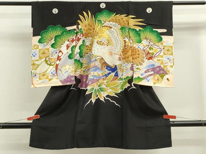 平和屋着物[]お宮参り　男の子　祝着　産着　初着　のしめ　刺繍　鷹　風景笠松文　黒地　金彩　逸品　CABB2035ze
